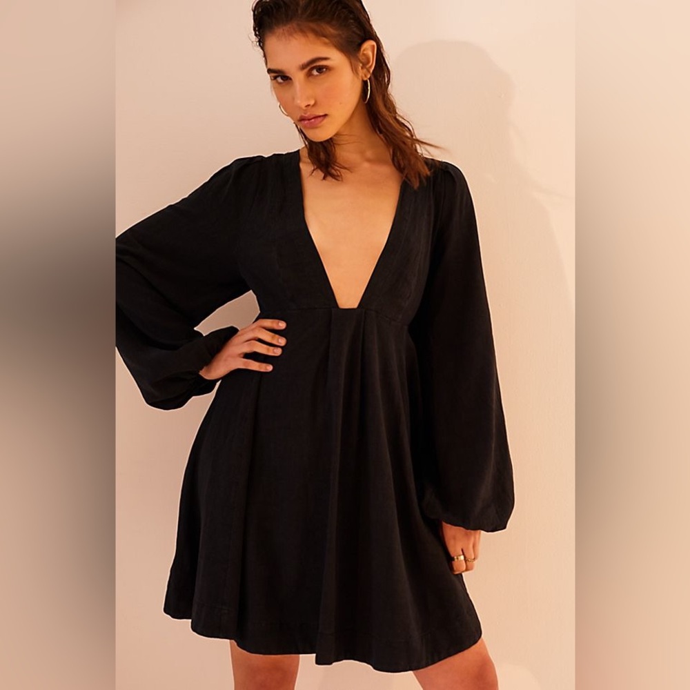 Free People Melia Black Deep V-Neck Long Sleeve Mini Dress